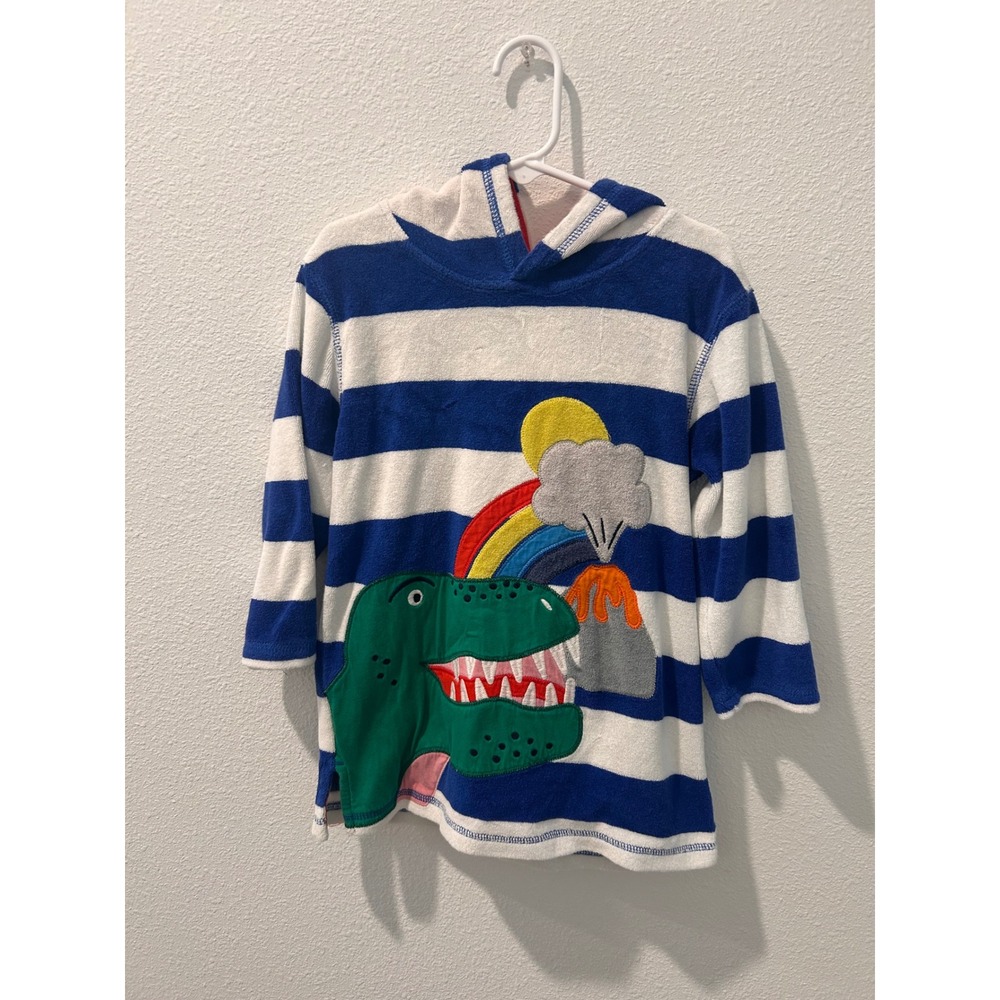 Mini Boden Kids Blue White Stripe Dinosaur Volcano Terry Cloth Hoodie 3-4Y